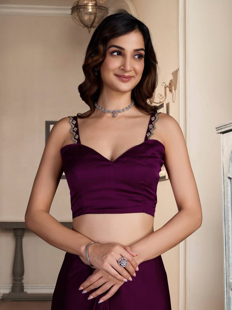 Wine Soft Satin Fabric With Swarovski Work and Designer Belt Saree