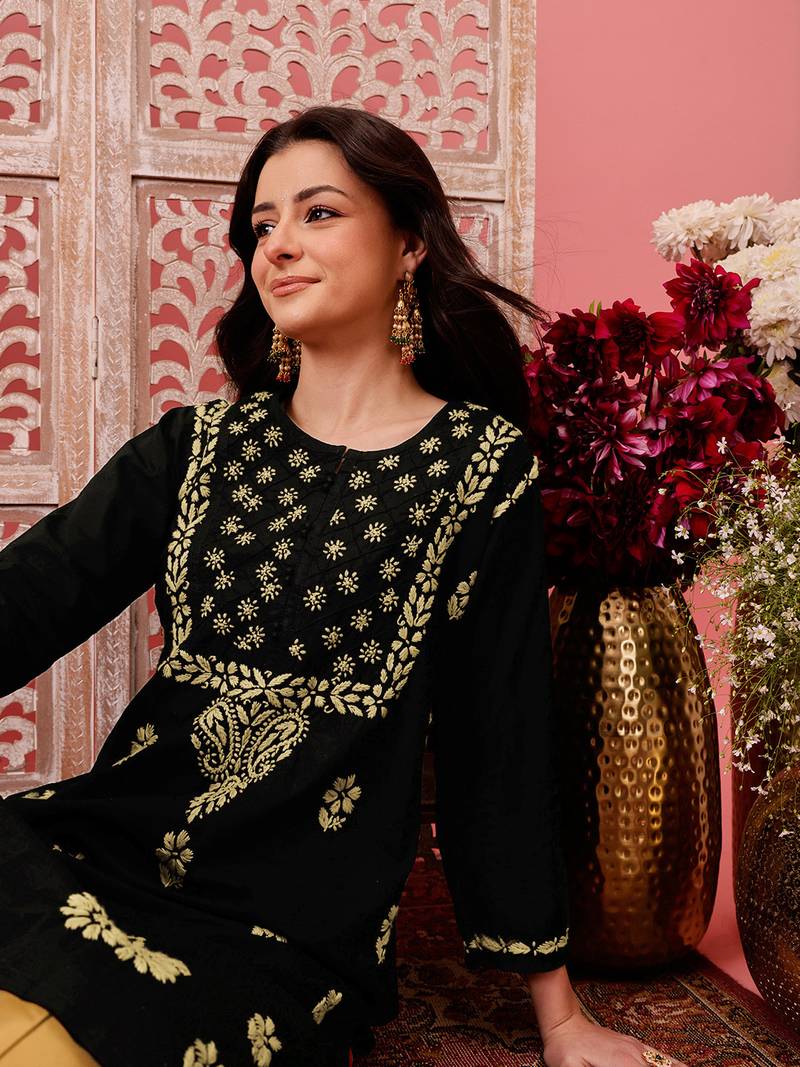Hand embroidered black cotton lucknowi chikankari straight kurta