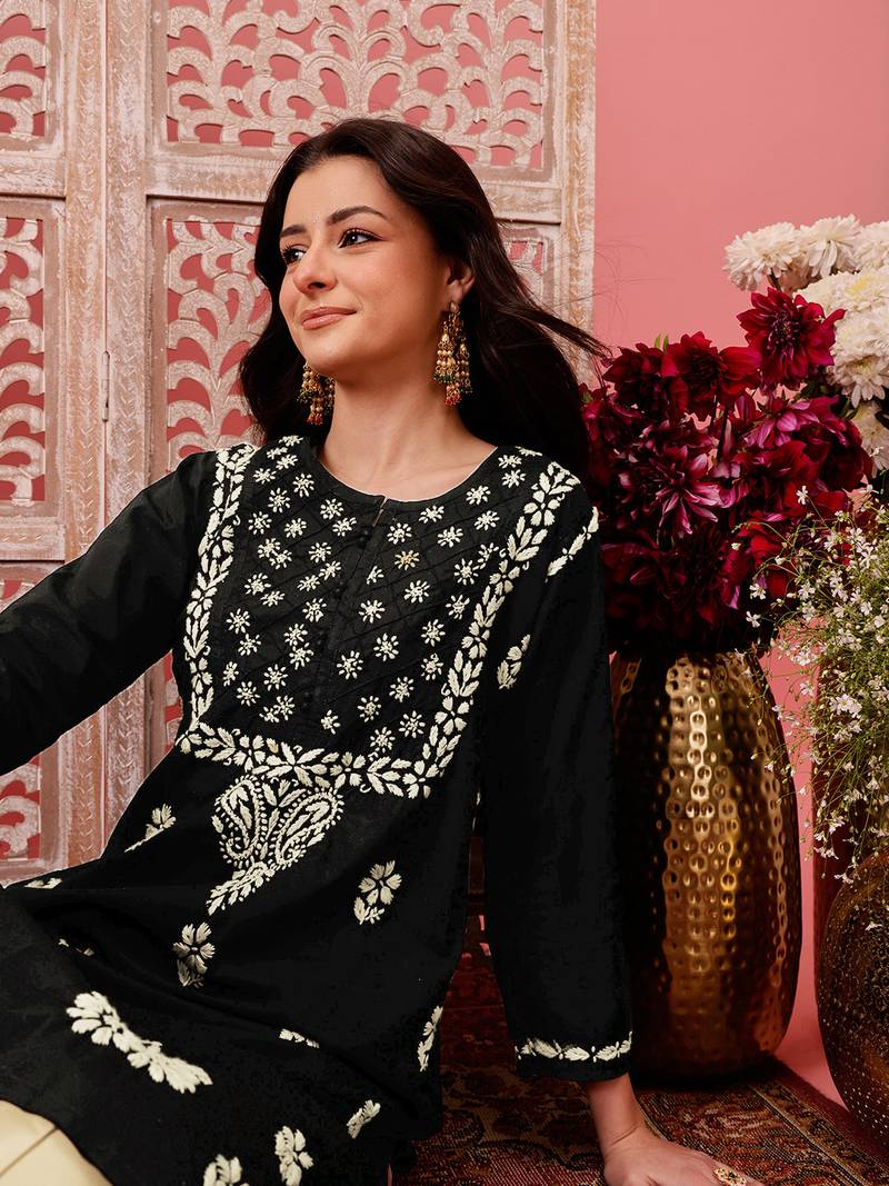 Hand embroidered black cotton lucknowi chikankari straight kurta