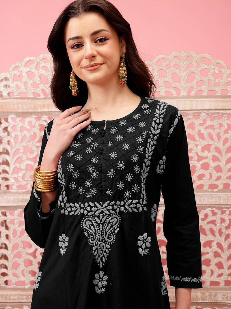 Hand embroidered black cotton lucknowi chikankari straight kurta
