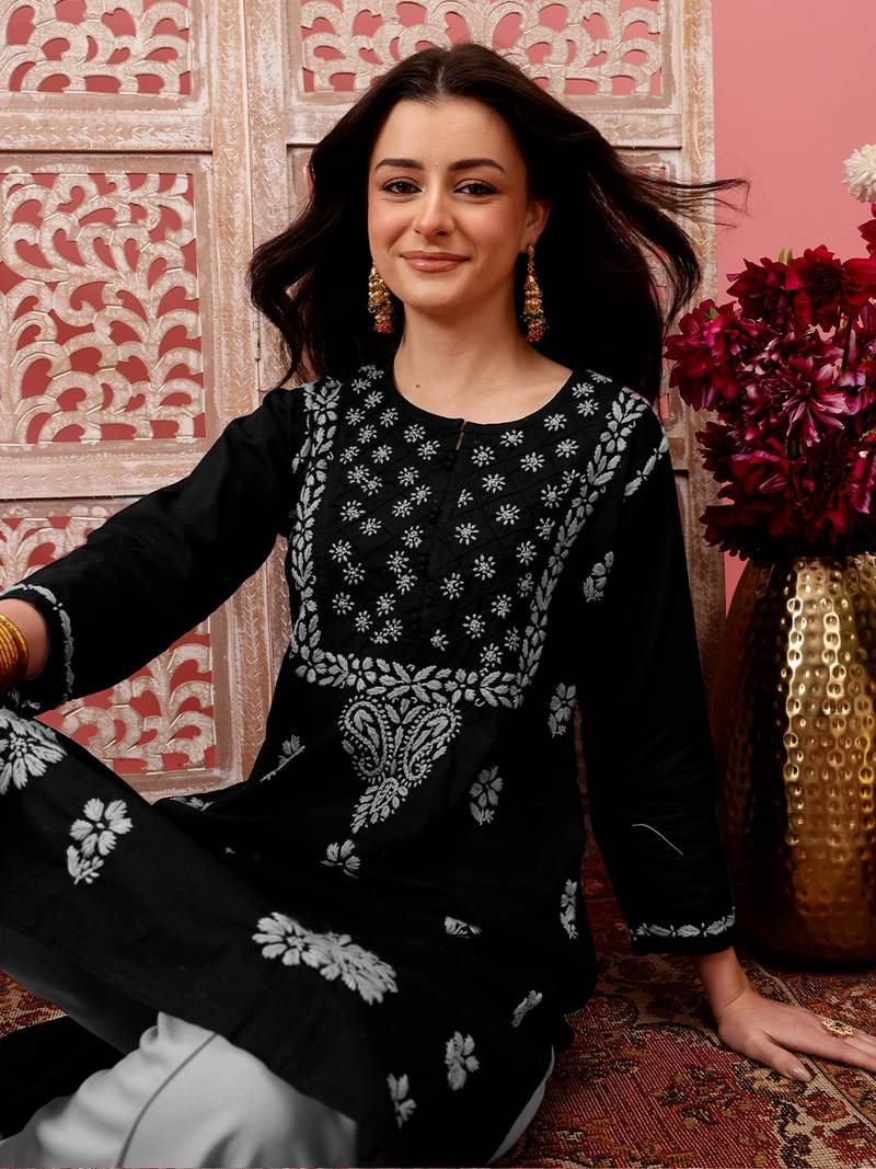 Hand embroidered black cotton lucknowi chikankari straight kurta