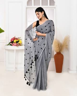 grey exclusive embroidery saree without blouse 4