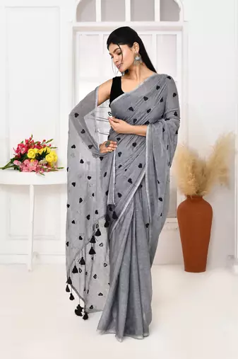 grey exclusive embroidery saree without blouse