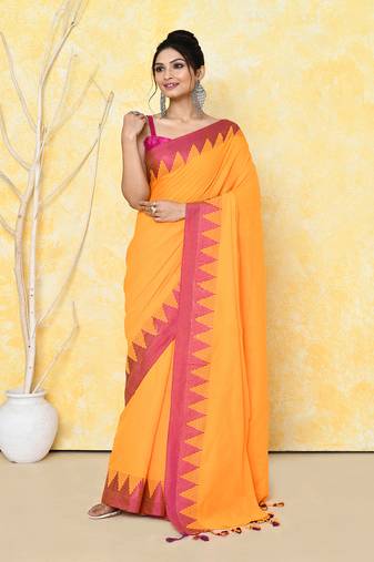 mustard yellow hand work cotton saree with blouse piece