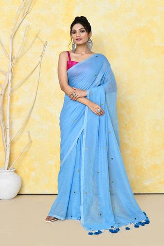 Sky blue sequin work soft pure cotton saree with blouse piece