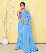 Sky blue sequin work soft pure cotton saree with blouse piece