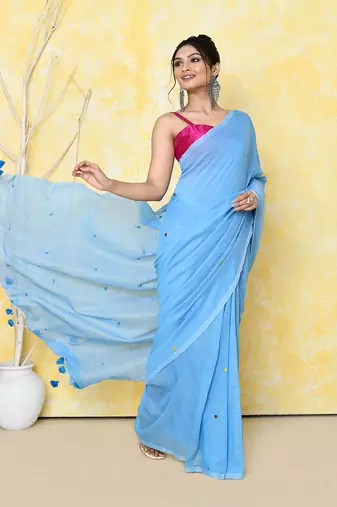 Sky blue sequin work soft pure cotton saree with blouse piece