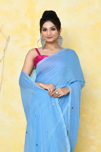 Sky blue sequin work soft pure cotton saree with blouse piece