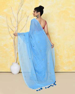 Sky blue sequin work soft pure cotton saree with blouse piece 5