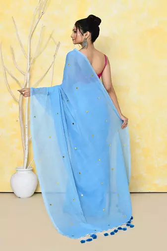 Sky blue sequin work soft pure cotton saree with blouse piece