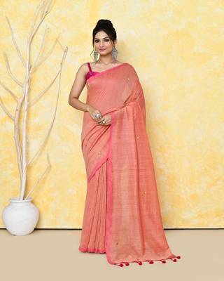 peach sequin work soft pure cotton saree with blouse piece 1