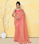 peach sequin work soft pure cotton saree with blouse piece
