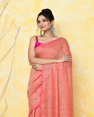 peach sequin work soft pure cotton saree with blouse piece 3