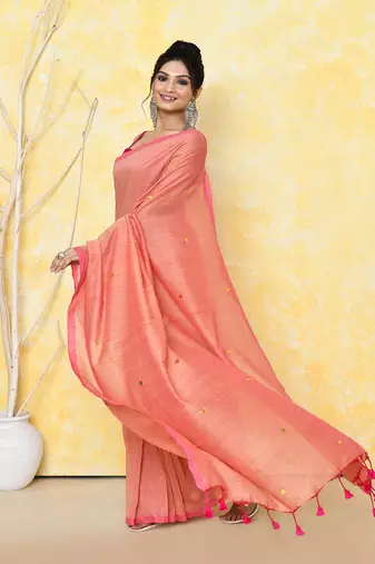 peach sequin work soft pure cotton saree with blouse piece