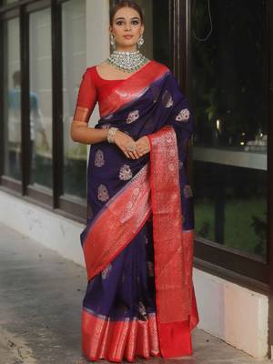 Blue red silk blend saree with blouse 1