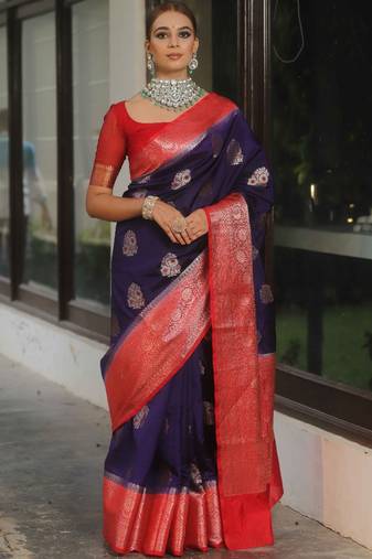 Blue red silk blend saree with blouse
