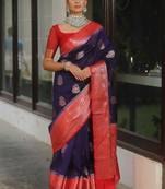 Blue red silk blend saree with blouse