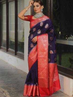 Blue red silk blend saree with blouse 2