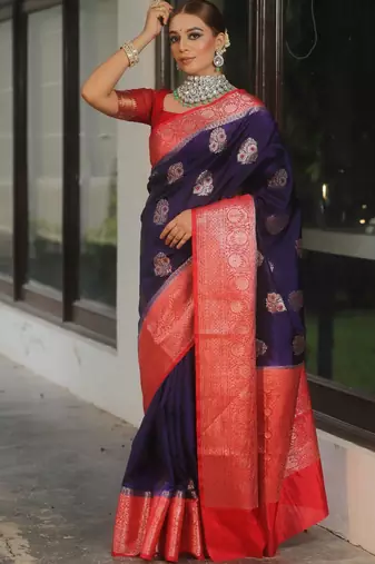 Blue red silk blend saree with blouse