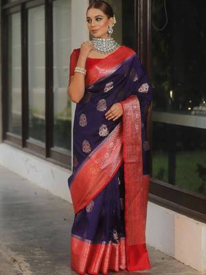 Blue red silk blend saree with blouse 3