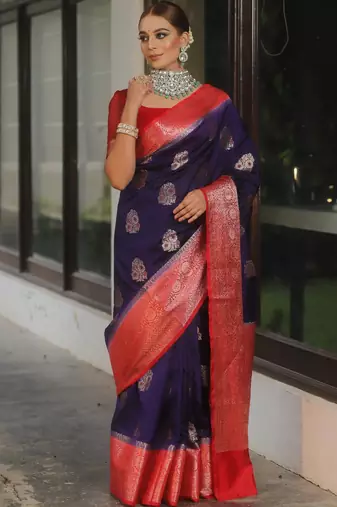 Blue red silk blend saree with blouse