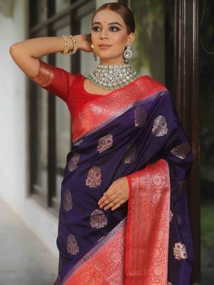 Blue red silk blend saree with blouse 4