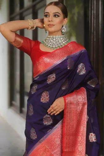 Blue red silk blend saree with blouse