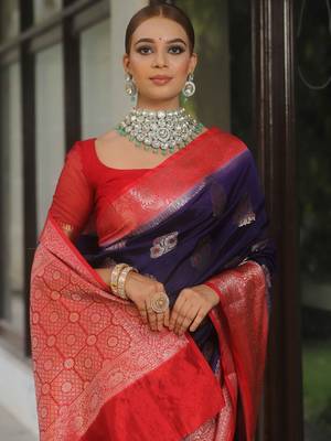 Blue red silk blend saree with blouse 5
