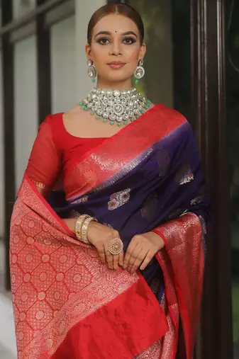 Blue red silk blend saree with blouse