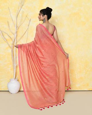 peach sequin work soft pure cotton saree with blouse piece 5