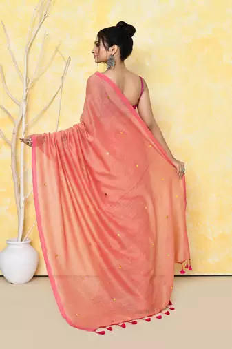peach sequin work soft pure cotton saree with blouse piece