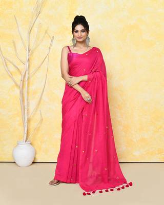 pink sequin work soft pure cotton saree with blouse piece 1