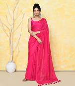 pink sequin work soft pure cotton saree with blouse piece