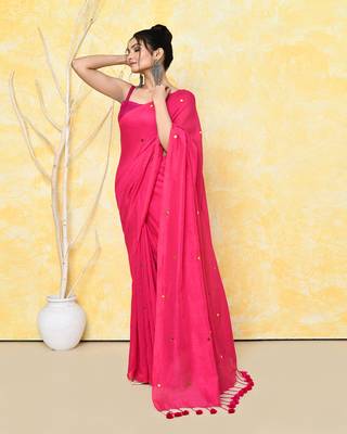 pink sequin work soft pure cotton saree with blouse piece 3