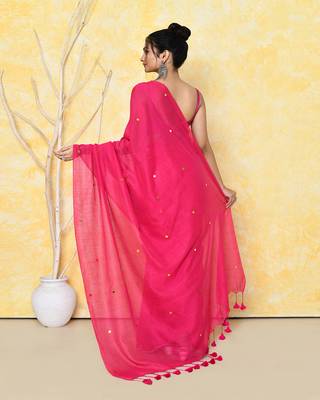 pink sequin work soft pure cotton saree with blouse piece 4