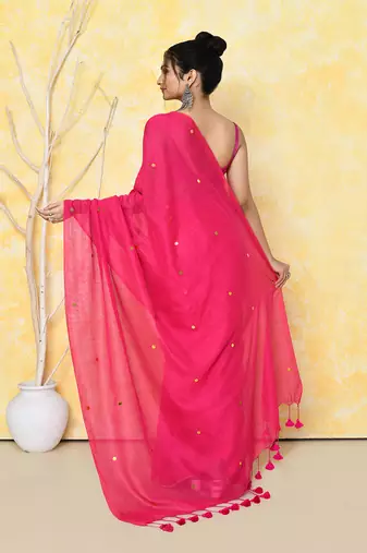 pink sequin work soft pure cotton saree with blouse piece