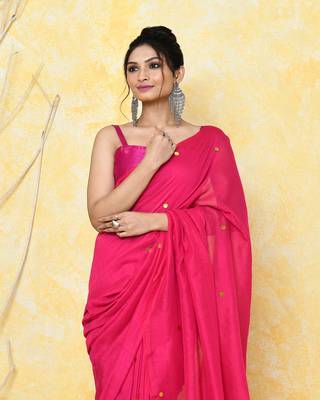pink sequin work soft pure cotton saree with blouse piece 5