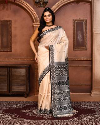 Off white tussar silk jamdani saree with blouse piece 1