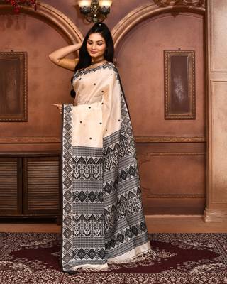 Off white tussar silk jamdani saree with blouse piece 3