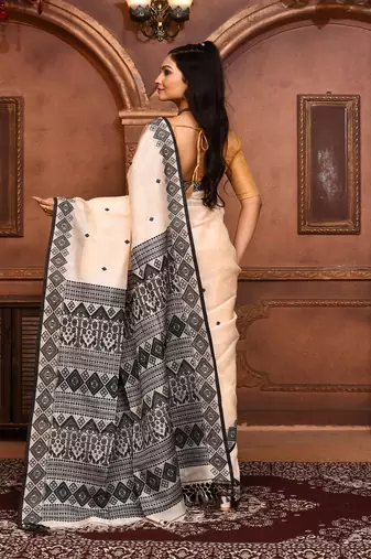 Off white tussar silk jamdani saree with blouse piece