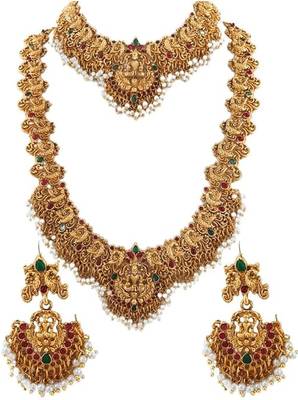 Gold-plated traditional goddess lakshmi temple jewellery bridal set with ruby stone long haram double Necklace :: set 1