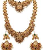Gold-plated traditional goddess lakshmi temple jewellery bridal set with ruby stone long haram double necklace set