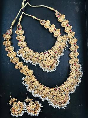 Gold-plated traditional goddess lakshmi temple jewellery bridal set with ruby stone long haram double Necklace :: set 2