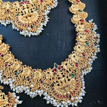 Gold-plated traditional goddess lakshmi temple jewellery bridal set with ruby stone long haram double Necklace :: set 3