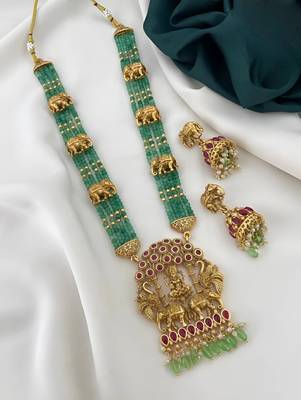 Royal elephant emerald beaded Necklace :: set - antique gold temple jewelry with ruby accents (designer collection) 1