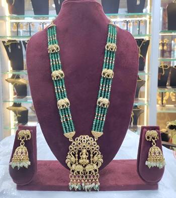 Royal elephant emerald beaded Necklace :: set - antique gold temple jewelry with ruby accents (designer collection) 2
