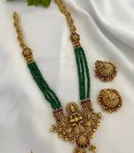 Emerald temple necklace set - antique gold goddess design with multi-strand beads (traditional collection)