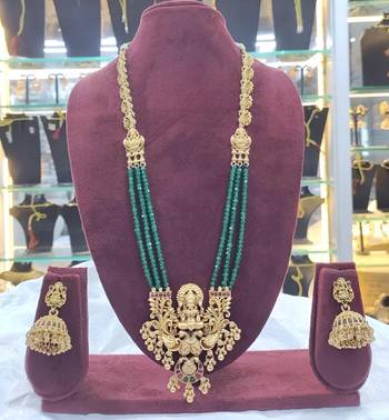 Emerald temple Necklace :: set - antique gold goddess design with multi-strand beads (traditional collection) 2