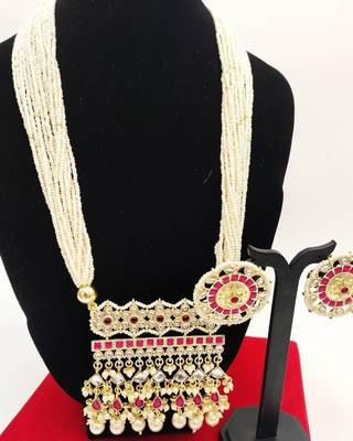 Luxury pearl rajasthani long Necklace :: - traditional gold-plated kundan with red stones - bridal wedding jewelry set 1