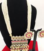 Luxury pearl rajasthani long necklace - traditional gold-plated kundan with red stones - bridal wedding jewelry set